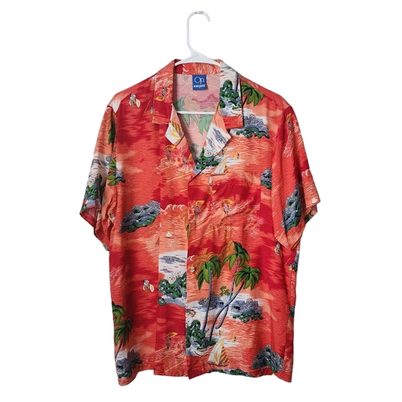 OP x VINTAGE Hawaiian bright floral surfer button up short sleeve in red - Picture 1 of 7